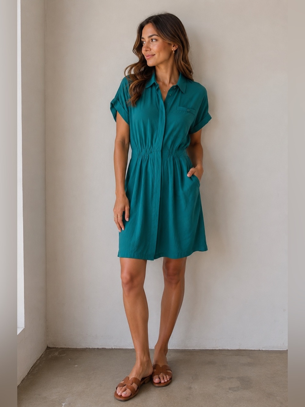 Vintage 90s Heart Teal Short Sleeve Button-Front Dress Size 10 Retro Minimalist